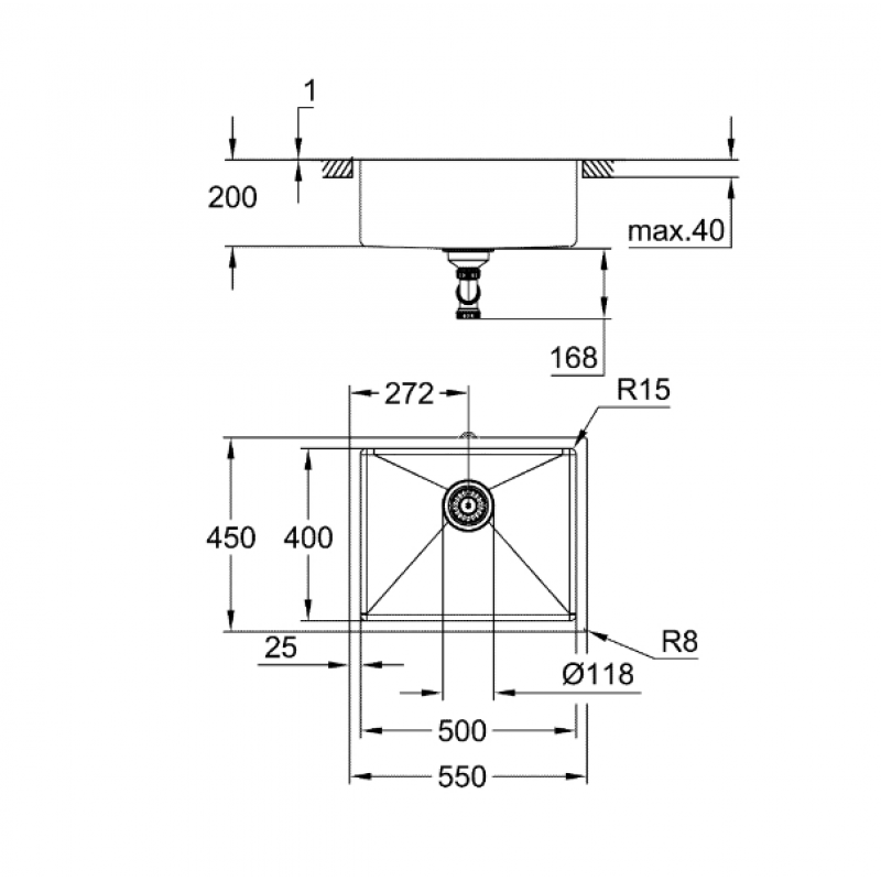 Кухненска мивка от неръждаема стомана, правоъгълна GROHE K700 - цена: 469.00лв.